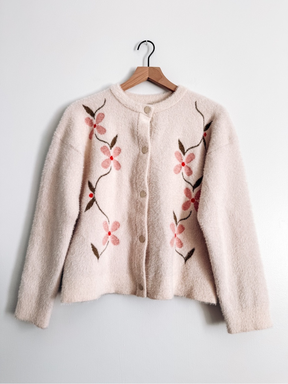 Joie Floral Fuzzy Cardigan Sweater Cream Pink Size L Cottagecore